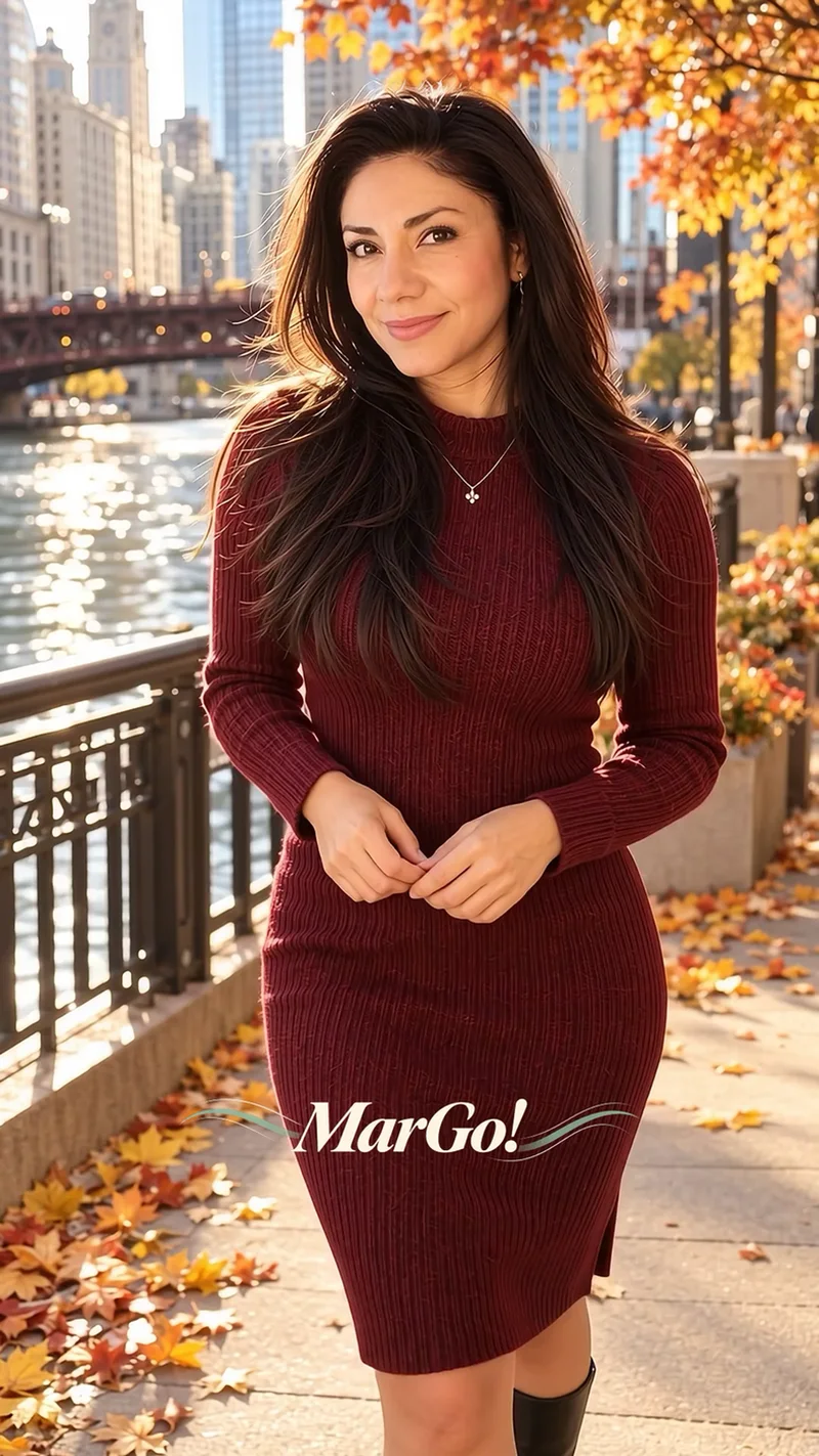 MarGo beside the Chicago River in a burgundy dress, surrounded by golden fall leaves.